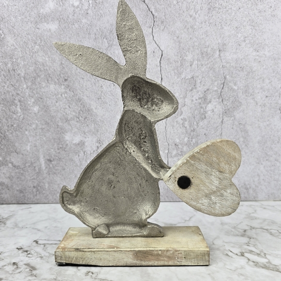 Rabbit with Wood Heart, Art Metal Sculpture on Wooden Base - Picture 2 of 3